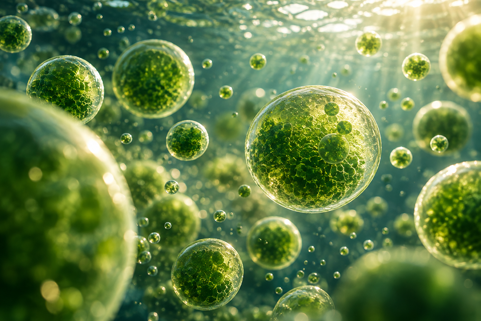 Artistic interpretation of microscopic chlorella in sunlit water