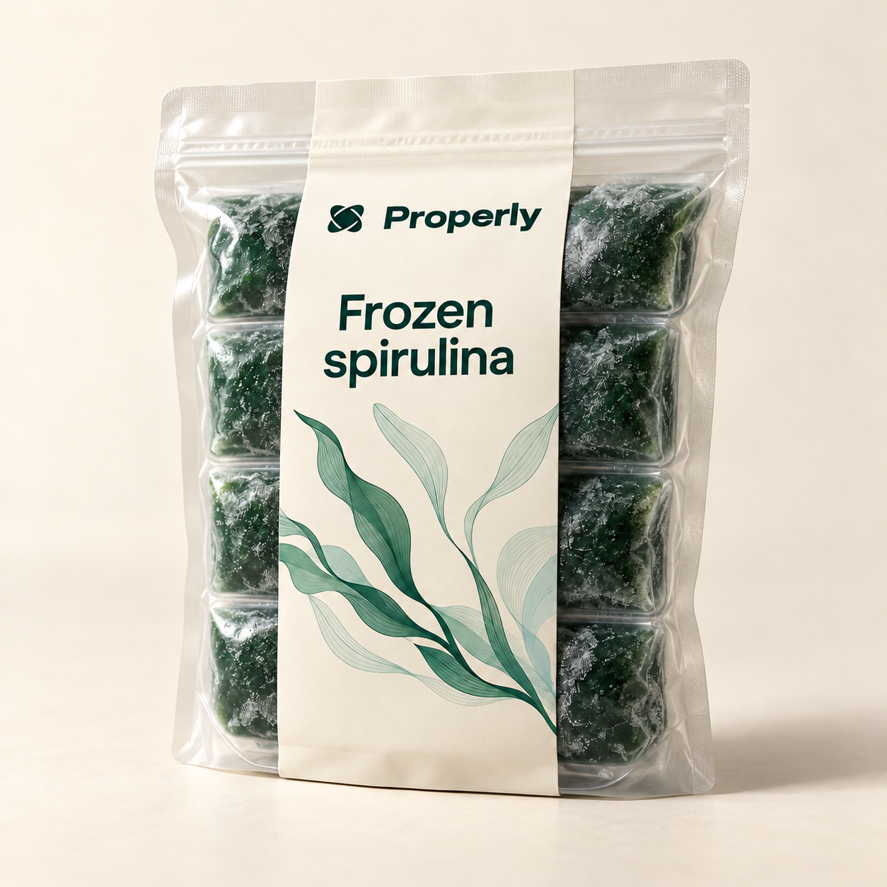 Properly frozen spirulina portion pack concept