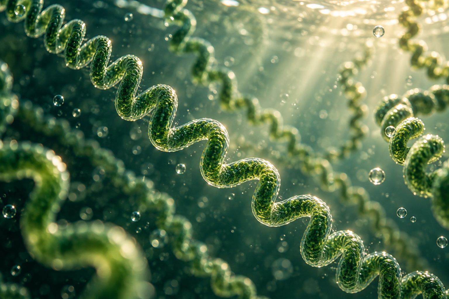 Artistic interpretation of microscopic spirulina in sunlit water
